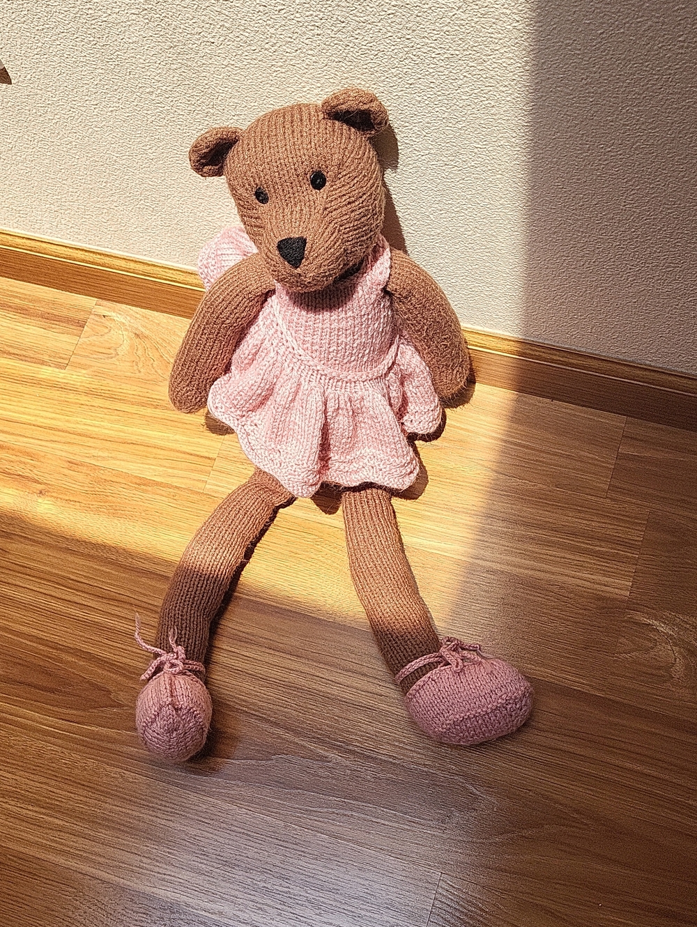 Hand-Knit Brown Teddy Bear Plush in Pink Dress - Cozy Cuddle Toy